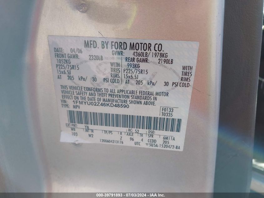 2006 Ford Escape Xls VIN: 1FMYU02Z46KD48590 Lot: 39791893