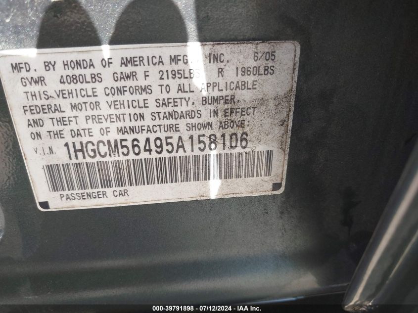 2005 Honda Accord 2.4 Lx VIN: 1HGCM56495A158106 Lot: 39791898