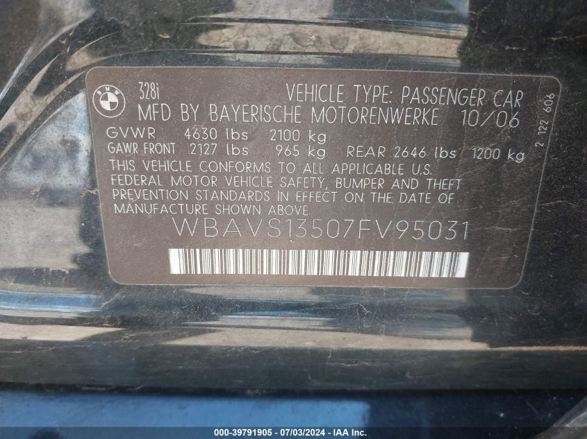 2007 BMW 328I It VIN: WBAVS13507FV95031 Lot: 39791905
