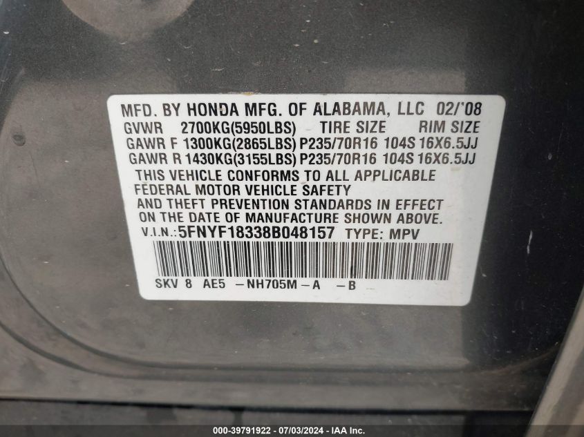 2008 Honda Pilot Se VIN: 5FNYF18338B048157 Lot: 39791922