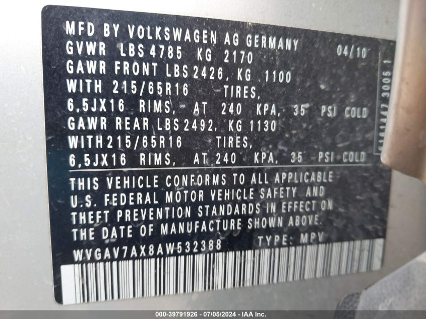 2010 Volkswagen Tiguan S VIN: WVGAV7AX8AW532388 Lot: 39791926