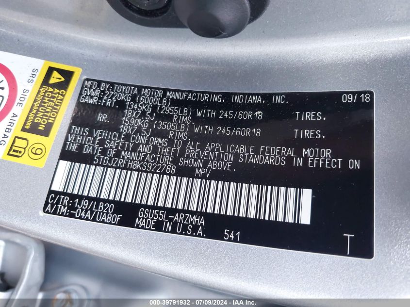 2019 Toyota Highlander Se/Xle VIN: 5TDJZRFH8KS922768 Lot: 39791932