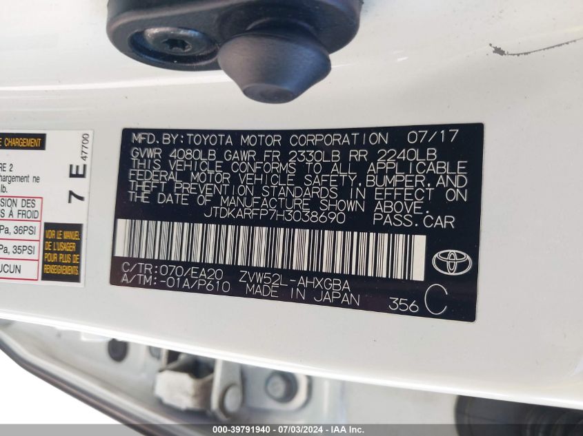 2017 Toyota Prius Prime Plus/Premium/Advanced VIN: JTDKARFP7H3038690 Lot: 39791940