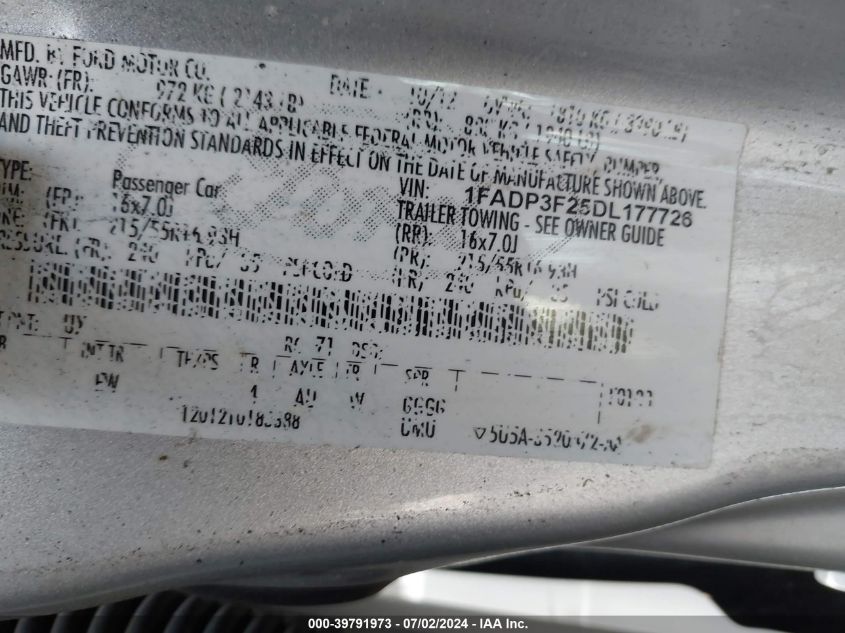 2013 Ford Focus Se VIN: 1FADP3F25DL177726 Lot: 39791973