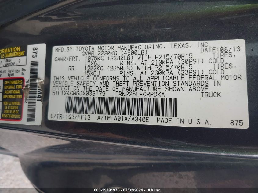 2013 Toyota Tacoma VIN: 5TFTX4CN6DX036179 Lot: 39791976
