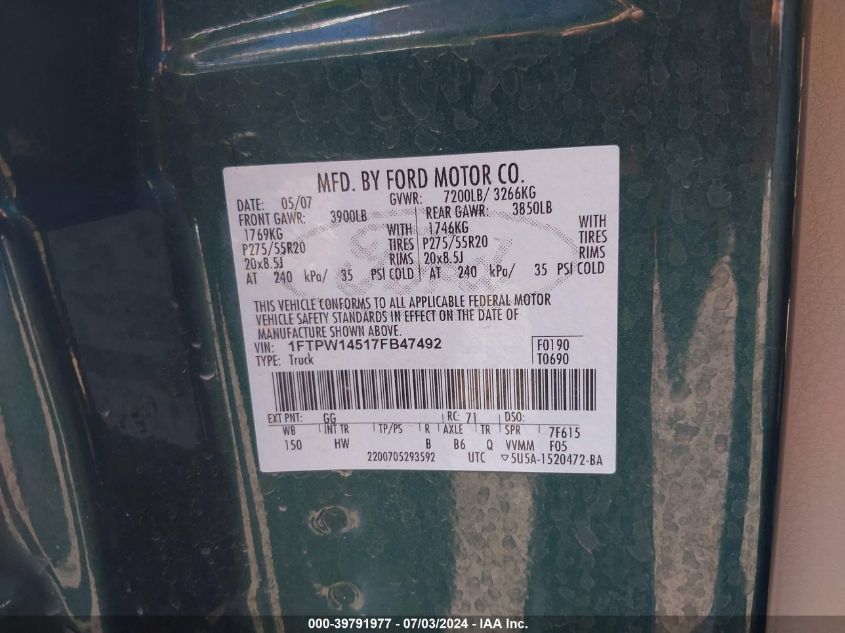 2007 Ford F-150 Fx4/Lariat/Xlt VIN: 1FTPW14517FB47492 Lot: 39791977