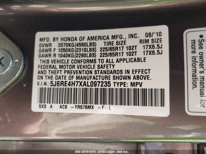 2010 Honda Cr-V Ex-L VIN: 5J6RE4H7XAL097235 Lot: 39791979