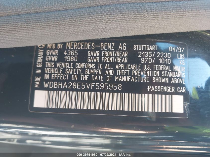 1997 Mercedes-Benz C 280 VIN: WDBHA28E5VF595958 Lot: 39791980
