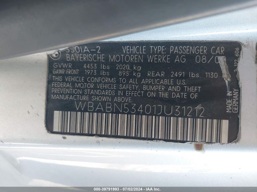2001 BMW 330Ci VIN: WBABN53401JU31212 Lot: 39791993