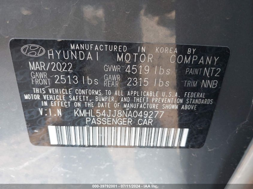 2022 Hyundai Sonata Hybrid Limited VIN: KMHL54JJ8NA049277 Lot: 39792001