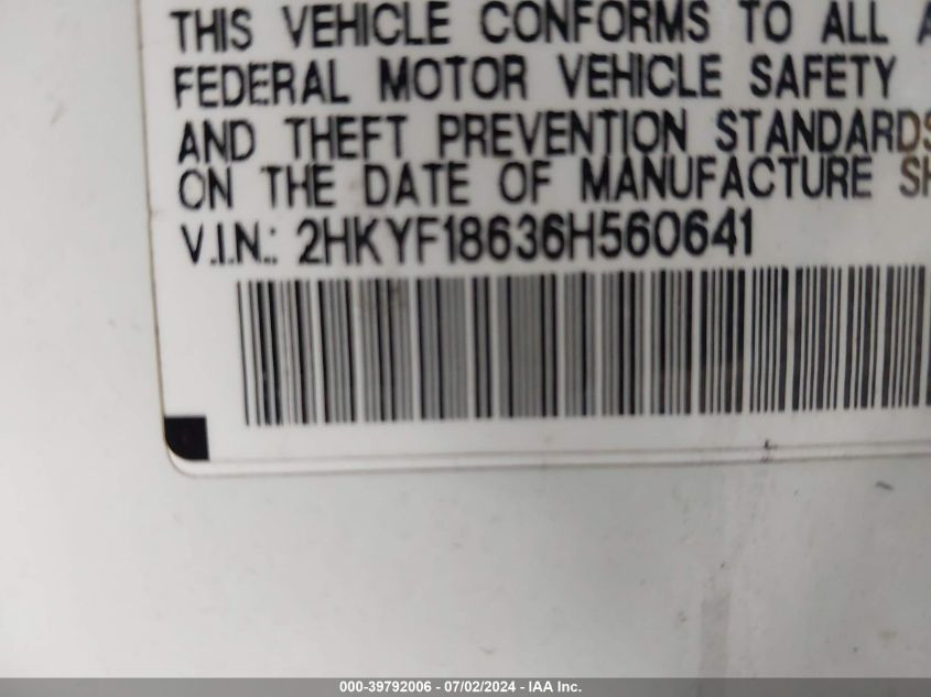 2006 Honda Pilot Ex-L VIN: 2HKYF18636H560641 Lot: 39792006