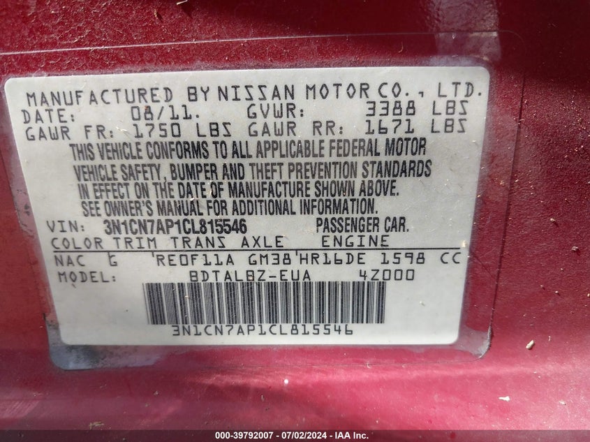 2012 Nissan Versa 1.6 Sv VIN: 3N1CN7AP1CL815546 Lot: 39792007