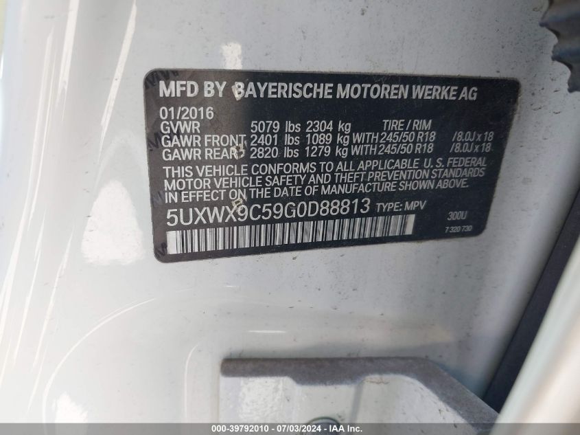 2016 BMW X3 xDrive28I VIN: 5UXWX9C59G0D88813 Lot: 39792010