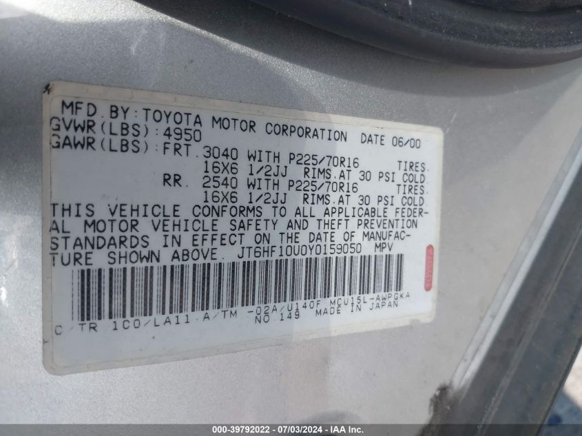 2000 Lexus Rx 300 VIN: JT6HF10U0Y0159050 Lot: 39792022