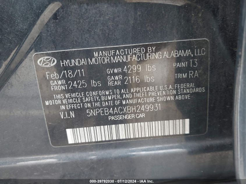 2011 Hyundai Sonata Gls VIN: 5NPEB4ACXBH249931 Lot: 39792030