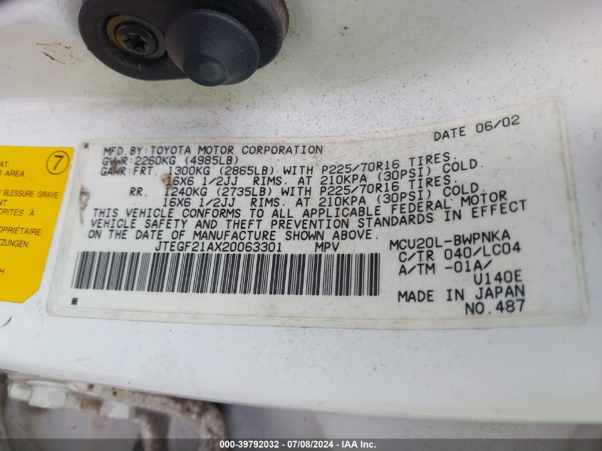 2002 Toyota Highlander Limited V6 VIN: JTEGF21AX20063301 Lot: 39792032