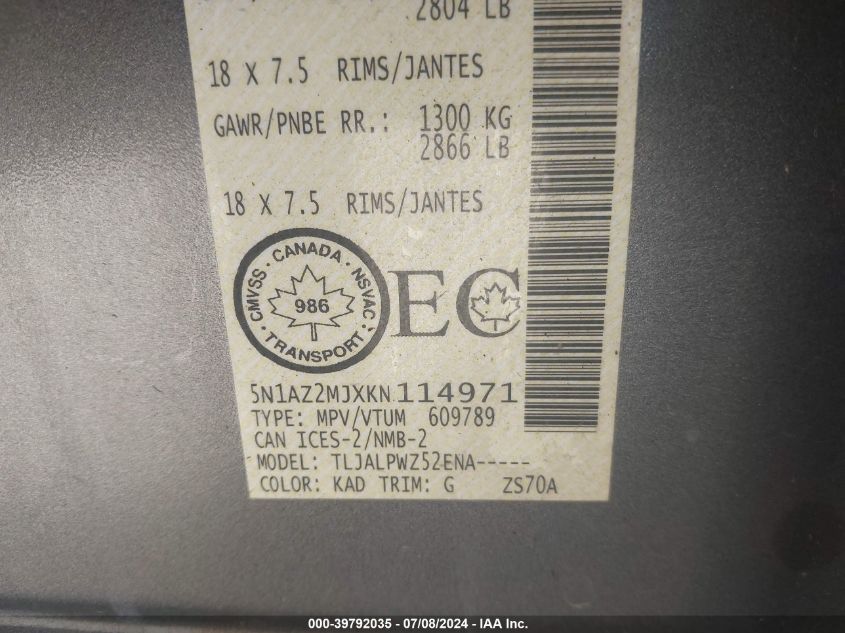 2019 Nissan Murano Platinum/S/Sl/Sv VIN: 5N1AZ2MJXKN114971 Lot: 39792035