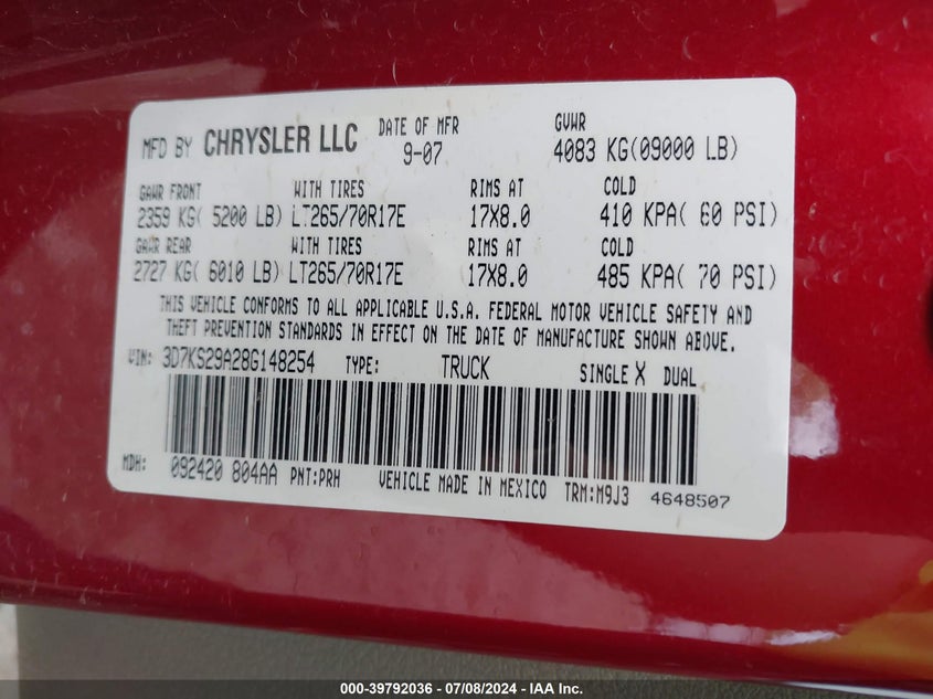 2008 Dodge Ram 2500 VIN: 3D7KS29A28G148254 Lot: 39792036