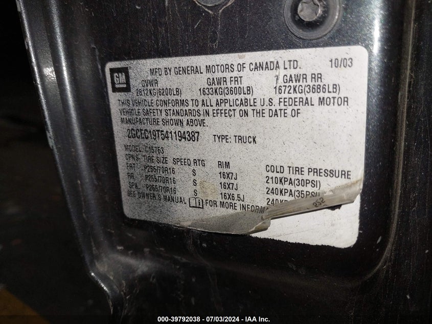 2004 Chevrolet Silverado 1500 C1500 VIN: 2GCEC19T541194387 Lot: 39792038