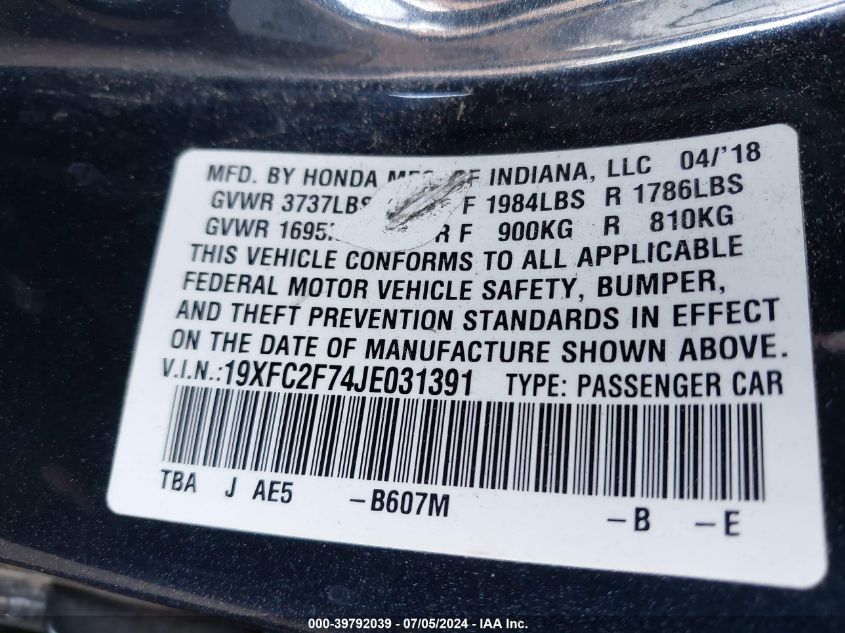 2018 Honda Civic Ex VIN: 19XFC2F74JE031391 Lot: 39792039