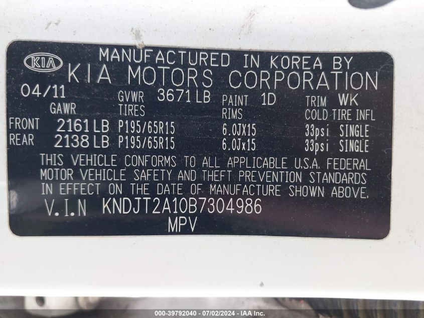 2011 Kia Soul VIN: KNDJT2A10B7304986 Lot: 39792040