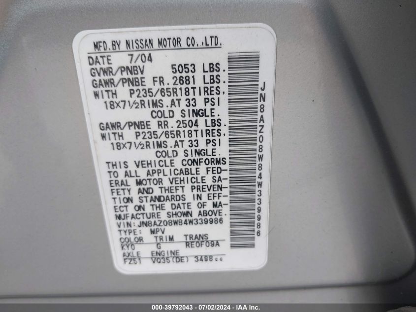 2004 Nissan Murano Sl VIN: JN8AZ08W84W339986 Lot: 39792043