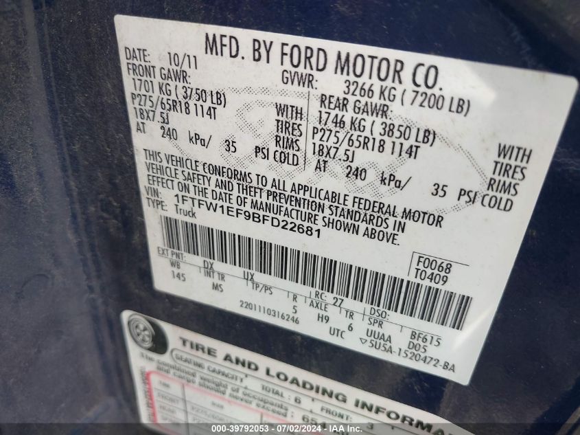 2011 Ford F-150 Xlt VIN: 1FTFW1EF9BFD22681 Lot: 39792053