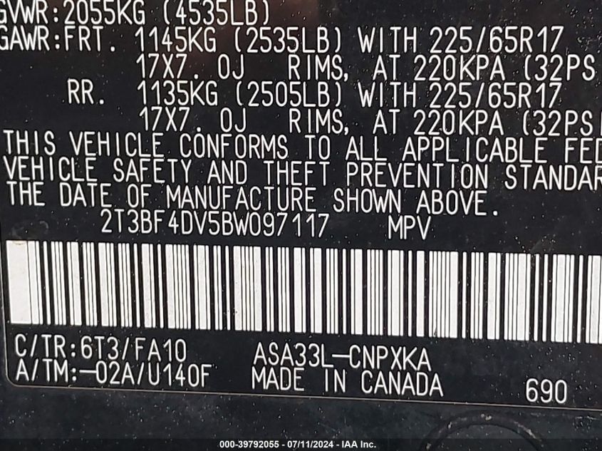 2011 Toyota Rav4 VIN: 2T3BF4DV5BW097117 Lot: 39792055