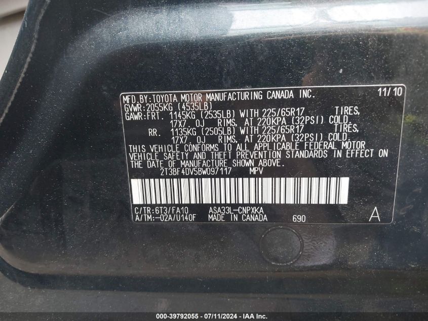 2011 Toyota Rav4 VIN: 2T3BF4DV5BW097117 Lot: 39792055