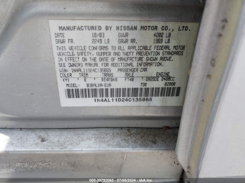 2004 Nissan Altima 2.5 S VIN: 1N4AL11D24C135865 Lot: 39792065
