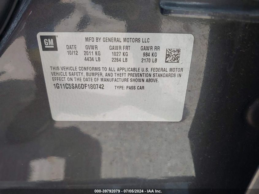 2013 Chevrolet Malibu 1Lt VIN: 1G11C5SA6DF180742 Lot: 39792079
