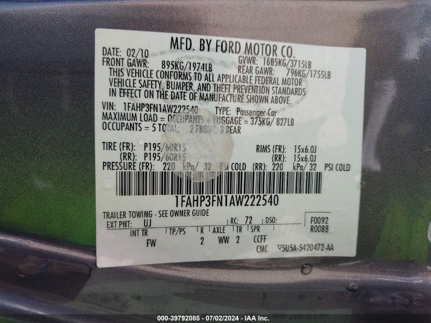 2010 Ford Focus Se VIN: 1FAHP3FN1AW222540 Lot: 39792085