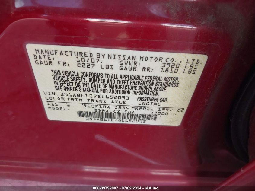 2008 Nissan Sentra 2.0 VIN: 3N1AB61E78L652093 Lot: 39792087