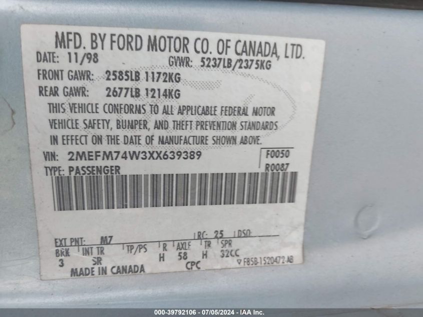 1999 Mercury Grand Marquis Gs VIN: 2MEFM74W3XX639389 Lot: 39792106