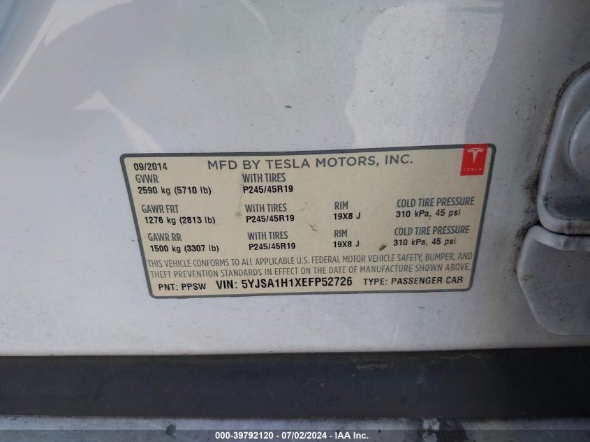 5YJSA1H1XEFP52726 2014 Tesla Model S P85