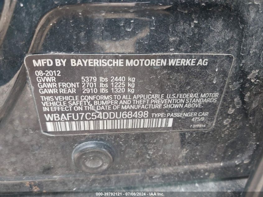 2013 BMW 535I xDrive VIN: WBAFU7C54DDU68498 Lot: 39792121