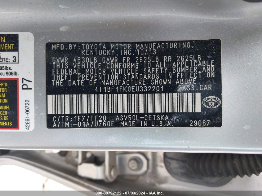 2014 Toyota Camry Se VIN: 4T1BF1FK0EU332201 Lot: 39792122