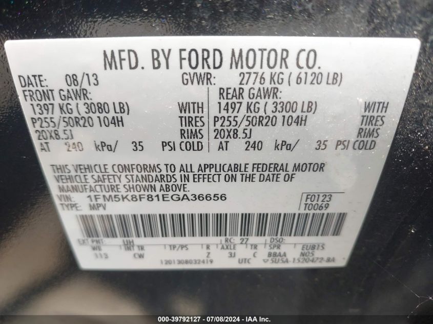 2014 Ford Explorer Limited VIN: 1FM5K8F81EGA36656 Lot: 39792127