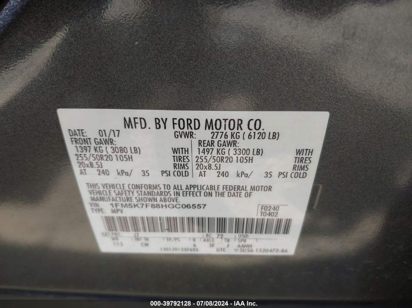 2017 Ford Explorer Limited VIN: 1FM5K7F88HGC06557 Lot: 39792128