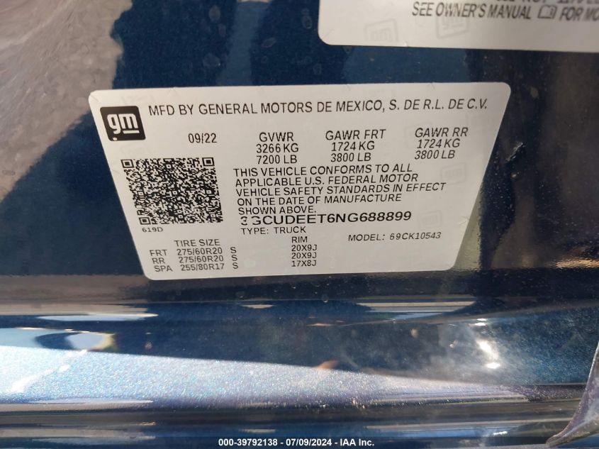 2022 Chevrolet Silverado 1500 4Wd Short Bed Rst VIN: 3GCUDEET6NG688899 Lot: 39792138
