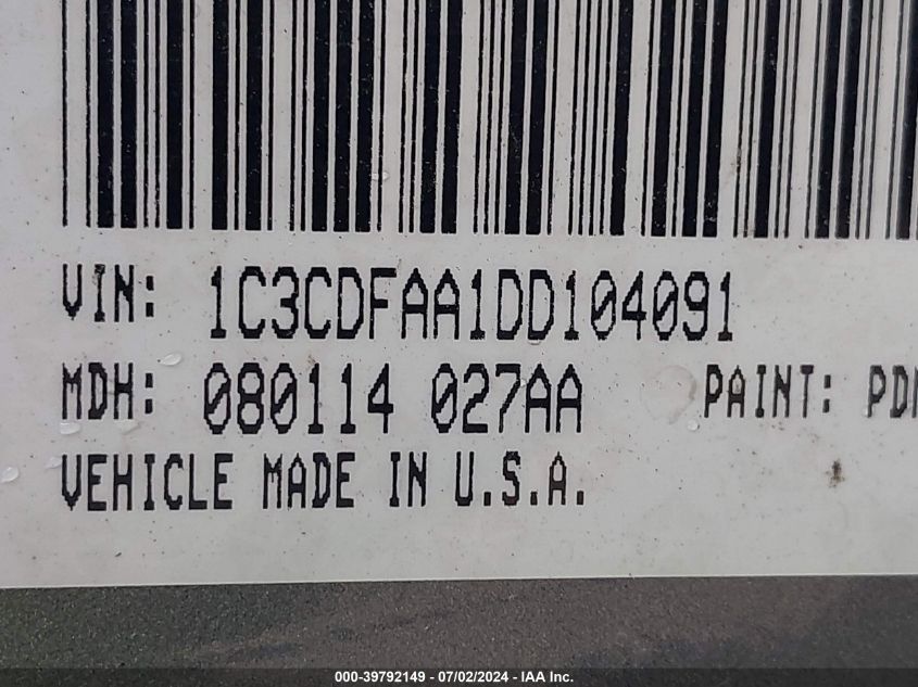 2013 Dodge Dart Se VIN: 1C3CDFAA1DD104091 Lot: 39792149