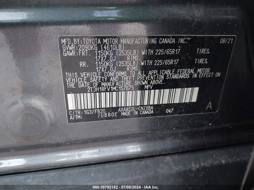VIN 2T3H1RFV1MC157675 2021 TOYOTA RAV4 LE