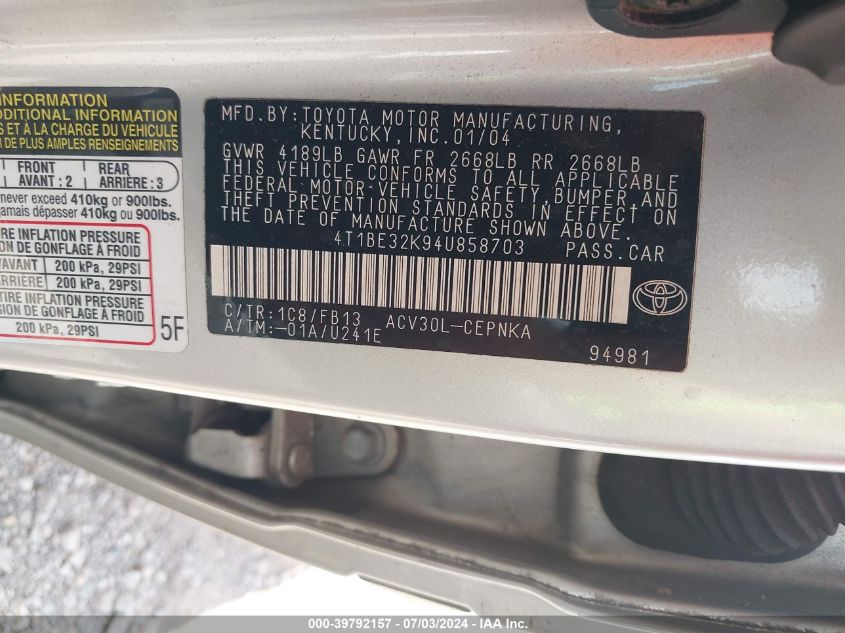 2004 Toyota Camry Le VIN: 4T1BE32K94U858703 Lot: 39792157