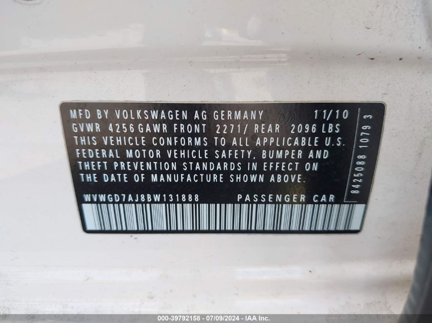 2011 Volkswagen Gti 4-Door VIN: WVWGD7AJ8BW131888 Lot: 39792158