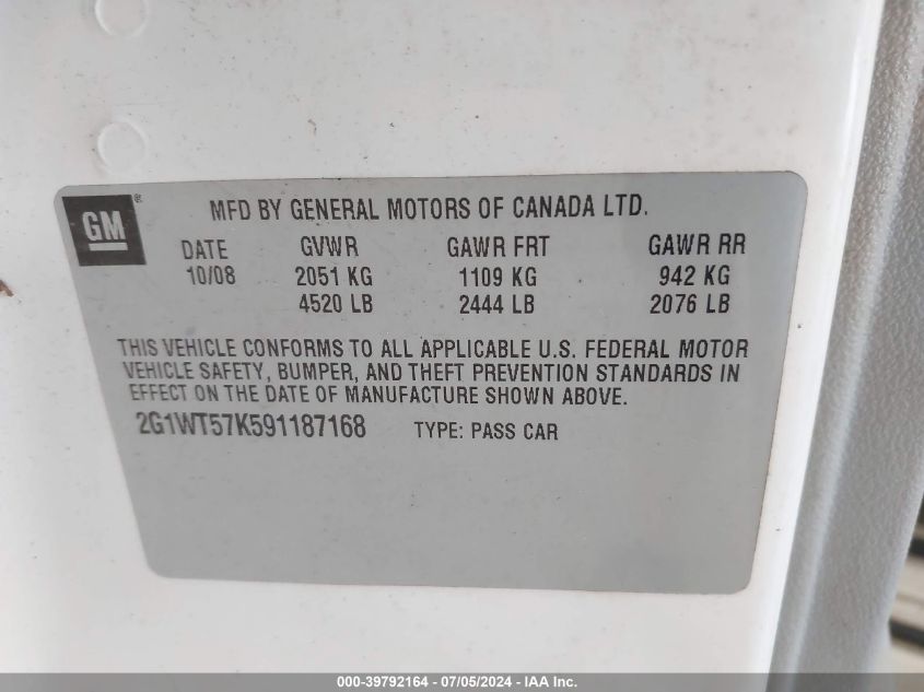 2009 Chevrolet Impala 1Lt VIN: 2G1WT57K591187168 Lot: 39792164