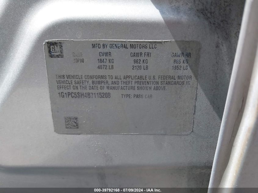 2011 Chevrolet Cruze Ls VIN: 1G1PC5SH4B7115208 Lot: 39792168