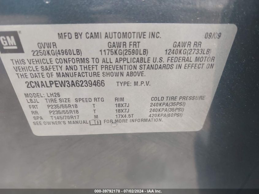 2010 Chevrolet Equinox Lt VIN: 2CNALPEW3A6239466 Lot: 39792178