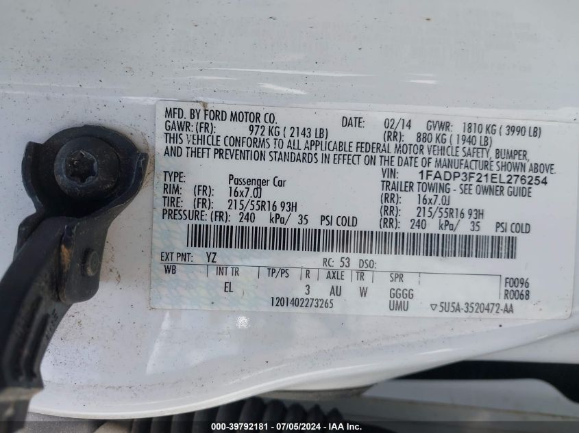 2014 Ford Focus Se VIN: 1FADP3F21EL276254 Lot: 39792181