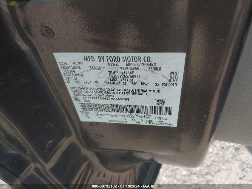 2007 Ford F-150 Xlt VIN: 1FTRW12W27KC41697 Lot: 39792182