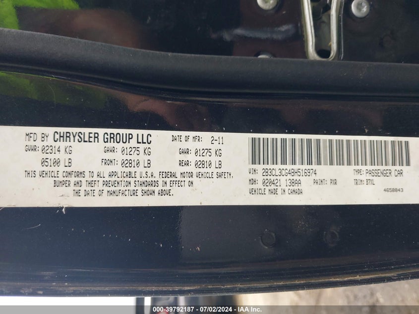 2011 Dodge Charger VIN: 2B3CL3CG4BH516974 Lot: 39792187